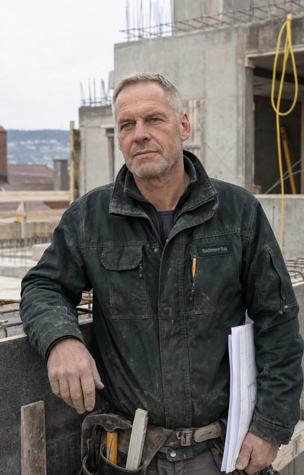Markus Bachmann, Bauingenieur und Meister in dritter Generation, auf einer Hochbau-Baustelle in Stuttgart